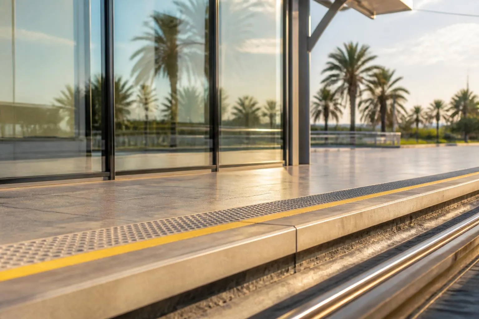 Station de tramway sur le parvis d'un terminal d'aéroport, palmiers et panneau de quai au premier plan
