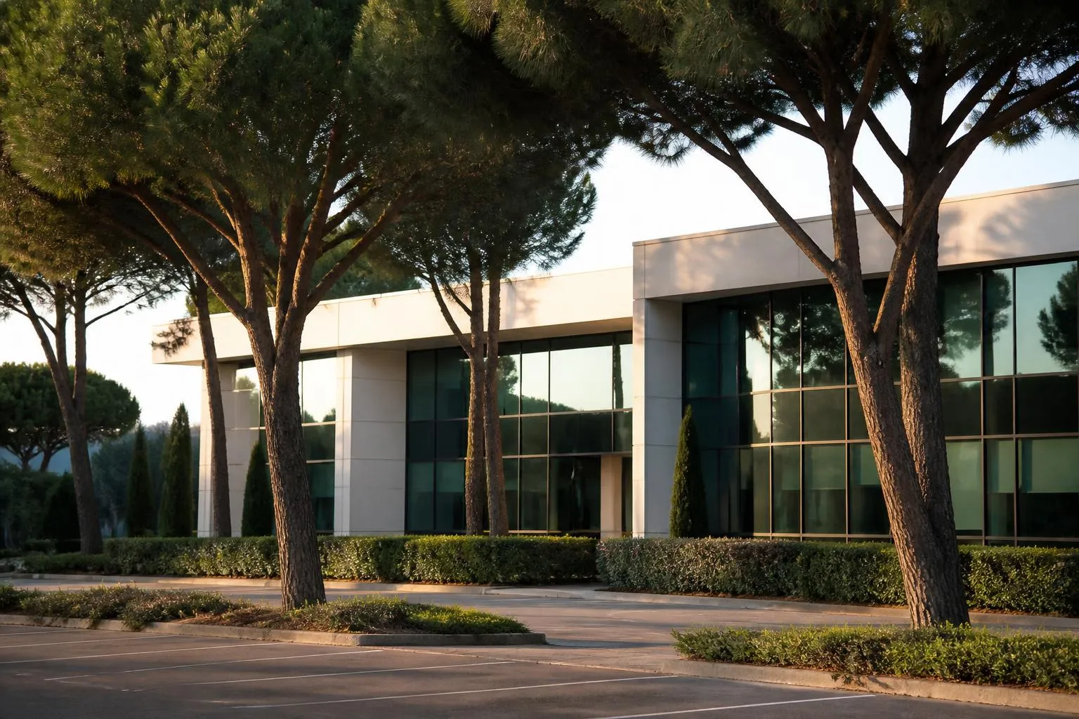 Bâtiment de bureaux bas en verre et béton clair derrière une rangée de pins parasols, dans le parc de Sophia Antipolis