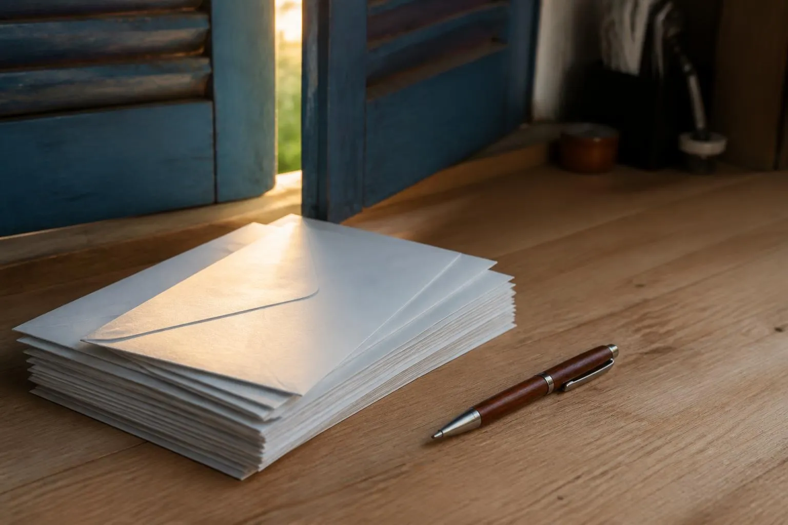 Enveloppes blanches empilées et un stylo posés sur une table en bois devant un volet bleu entrouvert