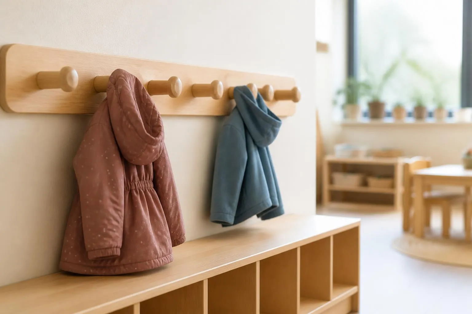 Porte-manteaux bas et casiers alignés dans le hall d'entrée d'une crèche