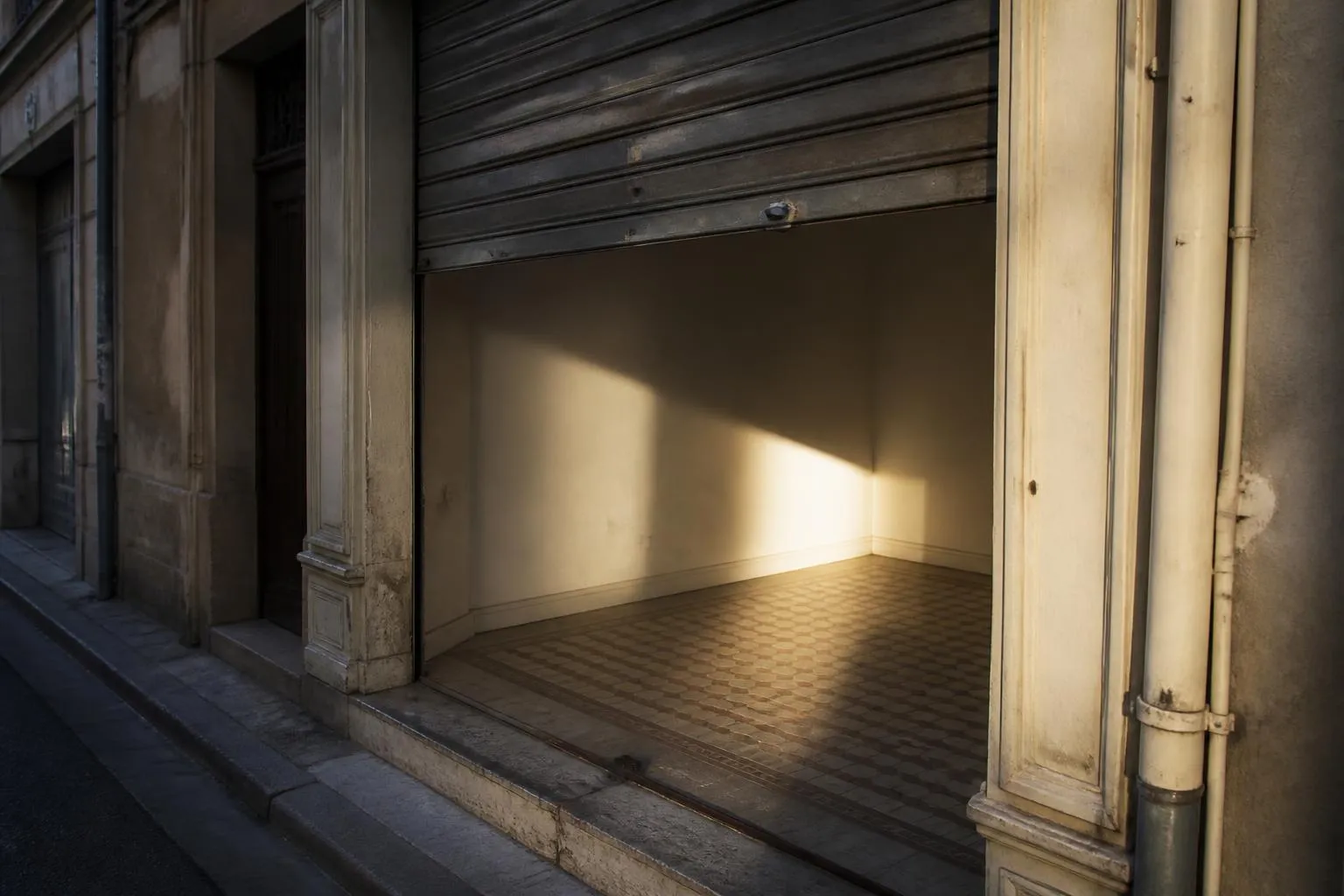 Local commercial vide au rez-de-chaussée d'un immeuble ancien, carrelage ciment et rideau métallique à demi relevé sur une rue étroite