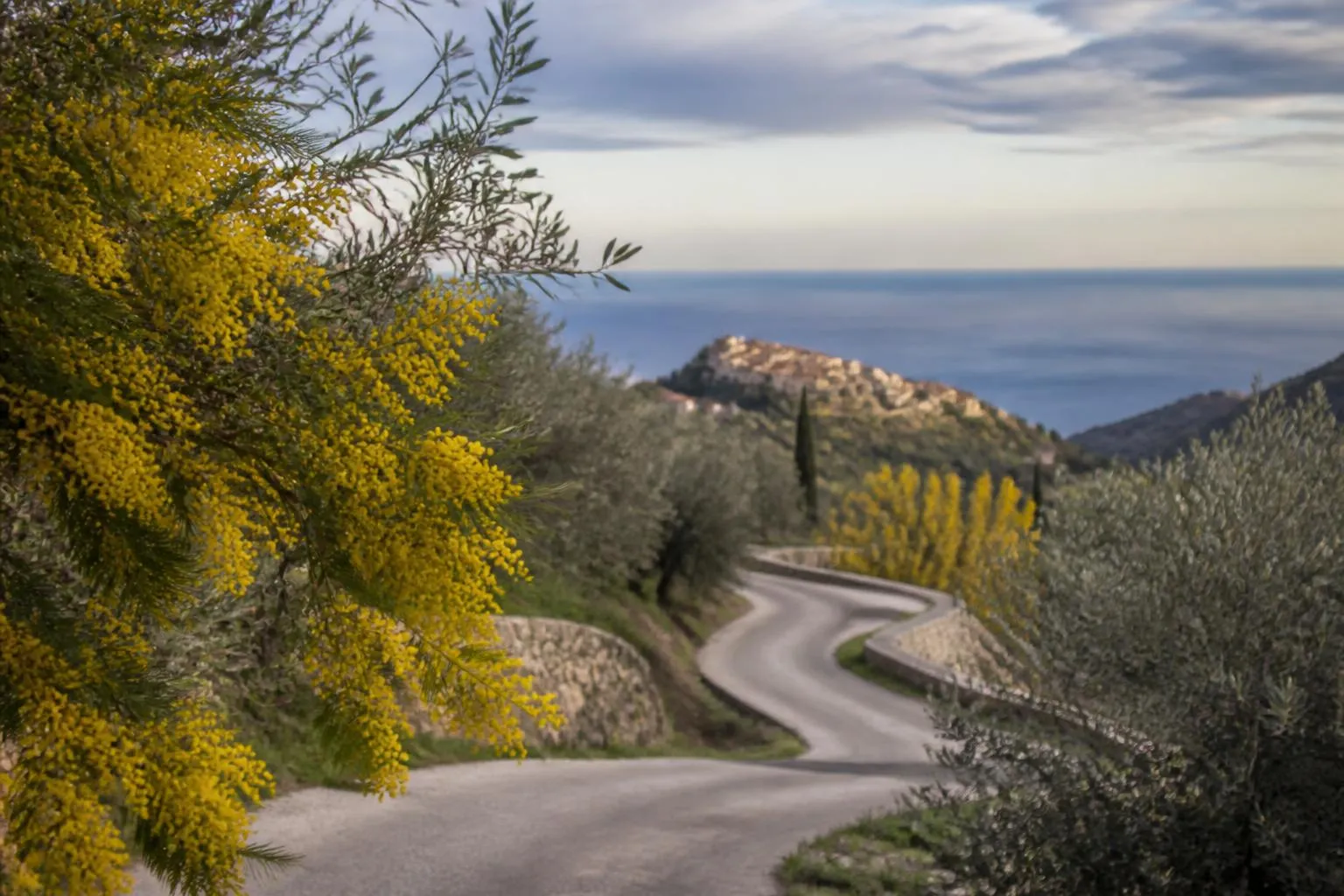 route en lacets de l'arrière-pays niçois sous un ciel de printemps, la mer au fond