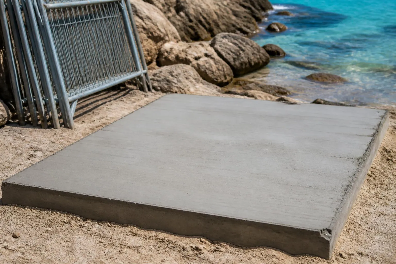 Une dalle de béton fraîche posée sur le sable d'une petite plage, entre les rochers et la mer