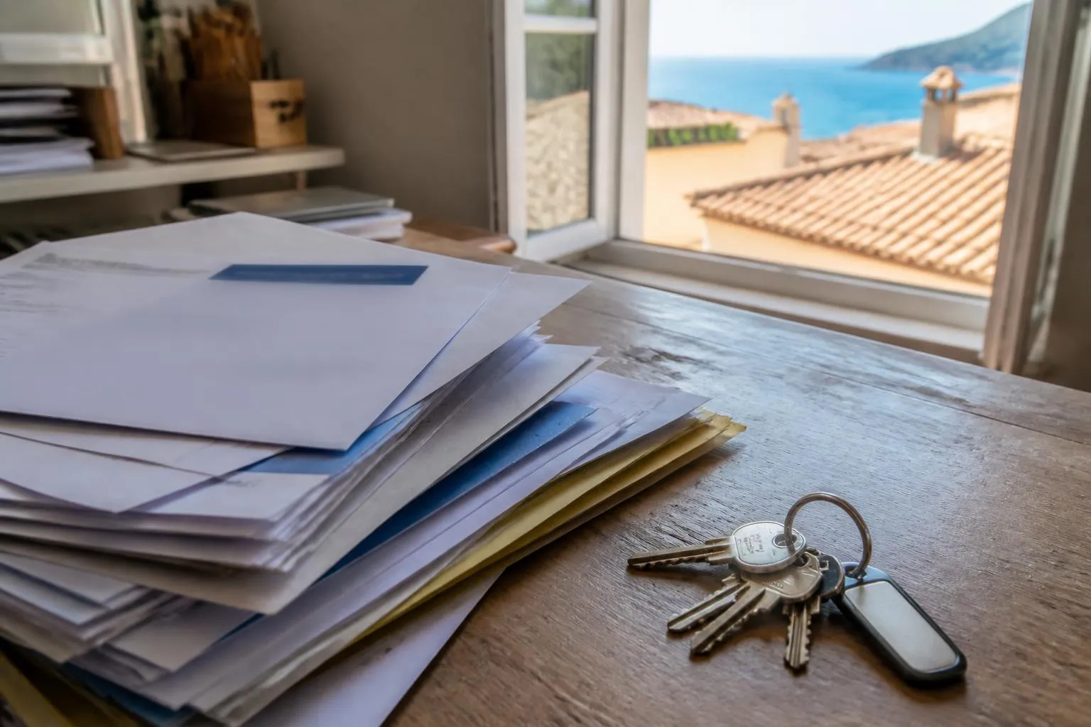 Pile de courriers administratifs et clés d'appartement sur une table, fenêtre ouverte sur des toits de tuiles