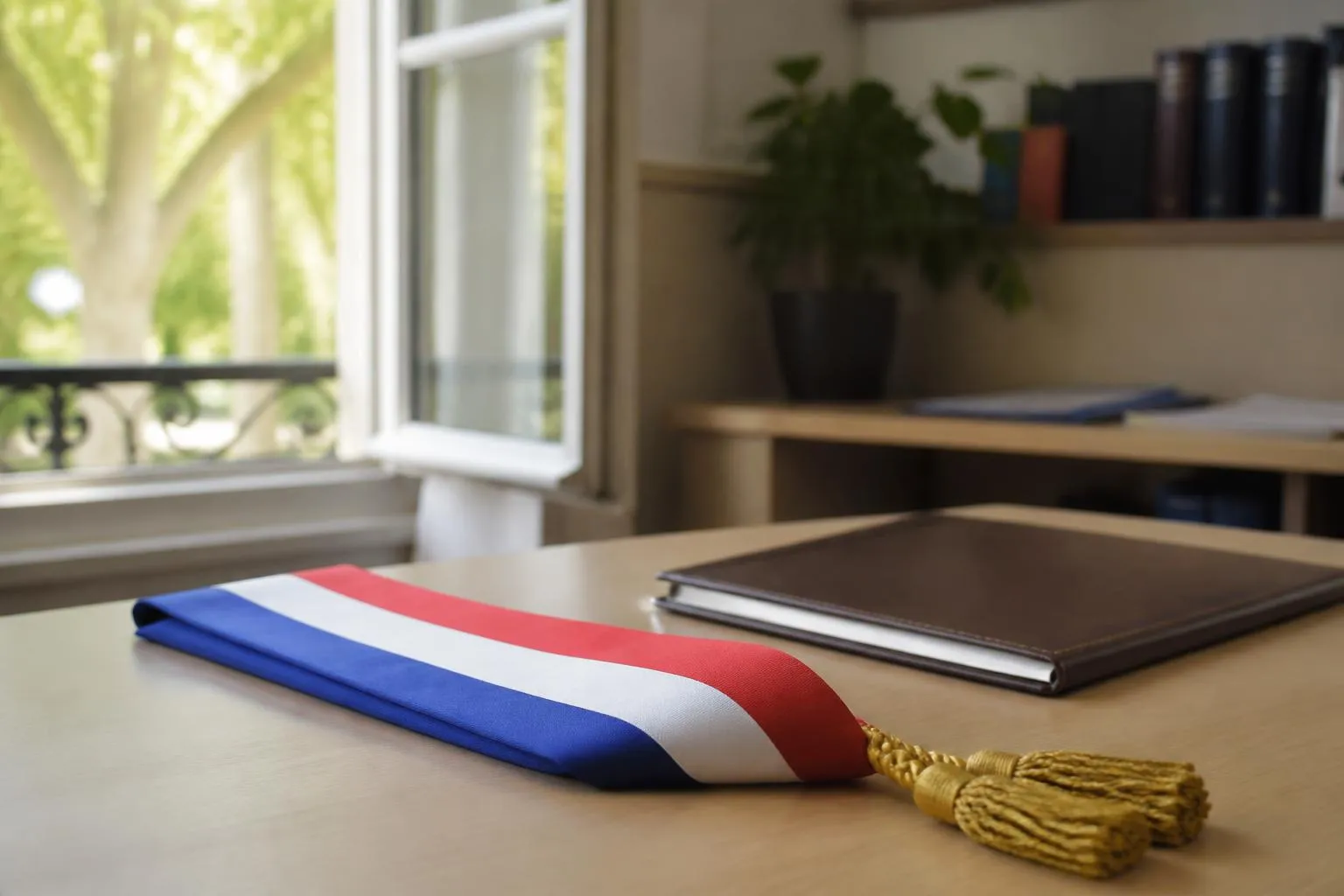 Écharpe tricolore de maire pliée sur un bureau de mairie en bois, sous une fenêtre ouverte