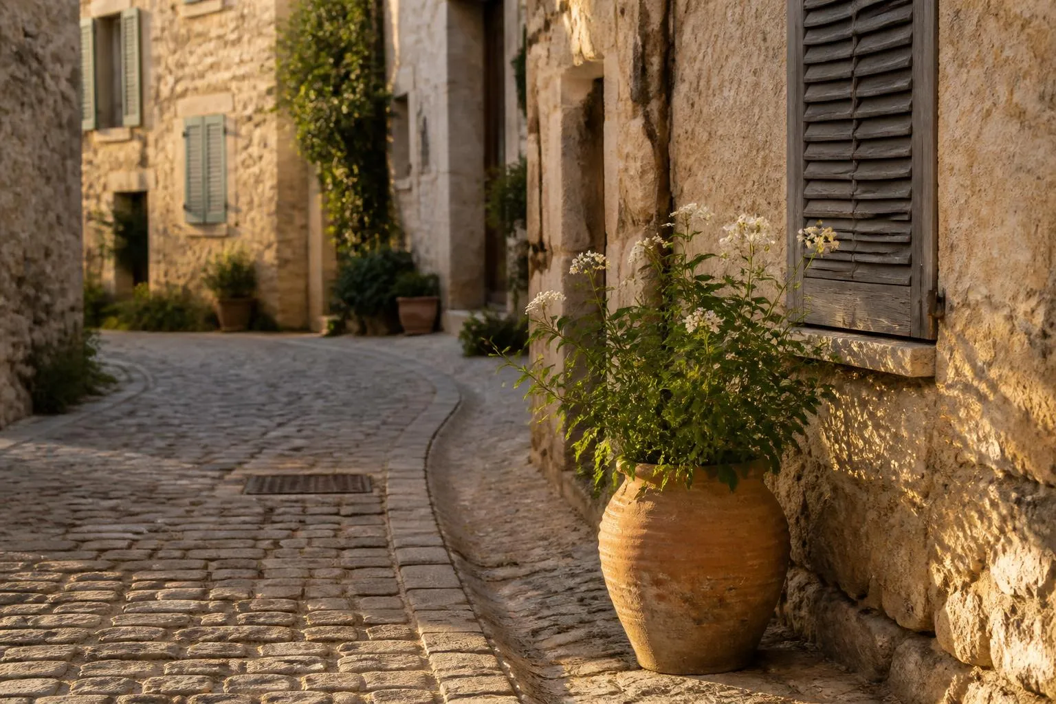 Ruelle pavée en courbe du vieux village de Mougins, façades de pierre ocre et volets clos, un platane au fond