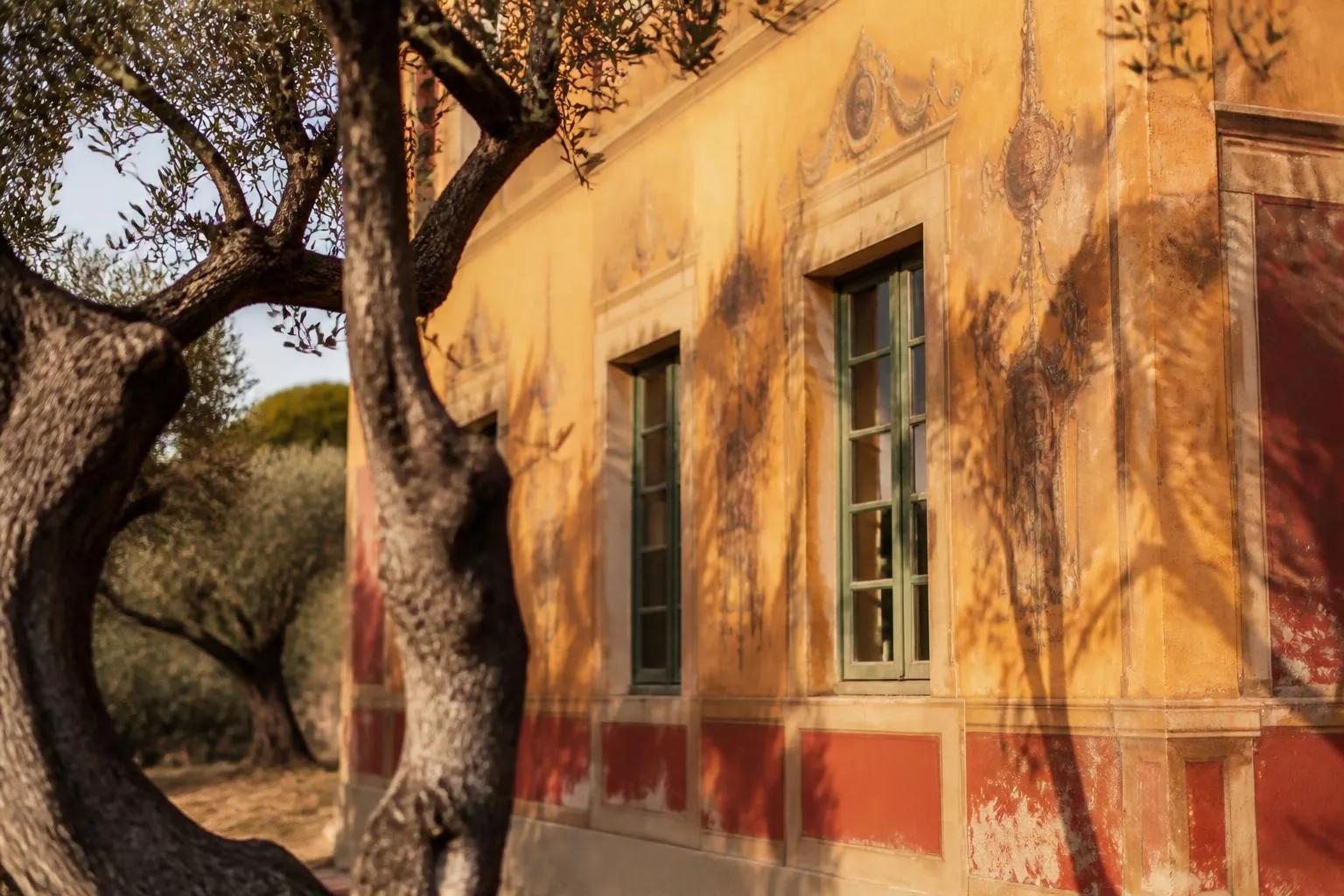 La façade ocre en trompe-l'œil de la villa des Arènes derrière les oliviers du jardin de Cimiez
