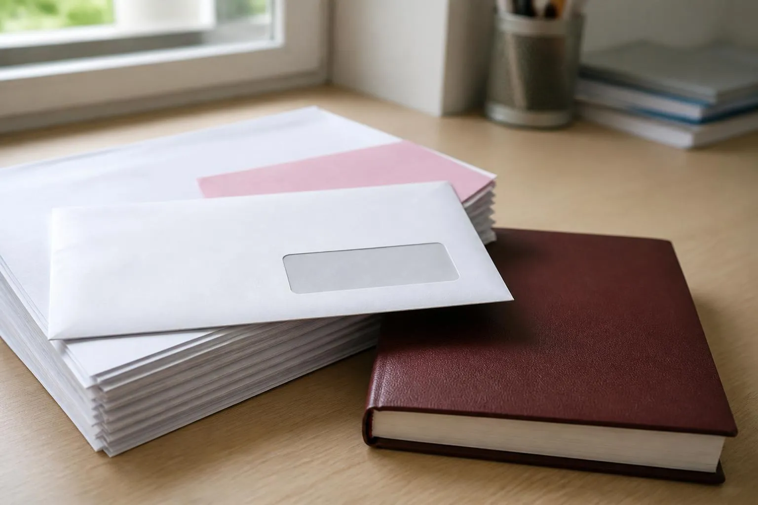 Enveloppe de recommandé et dossier de pièces posés sur une table devant une façade administrative
