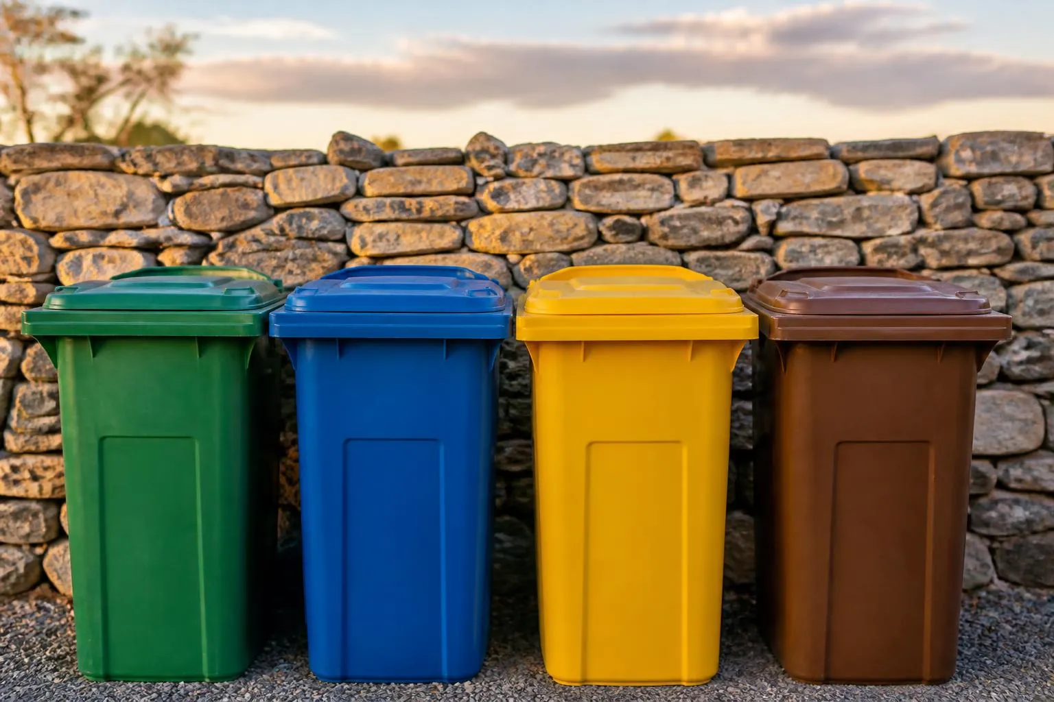 Quatre bacs de collecte alignés devant un mur de pierre, chacun d'une couleur différente