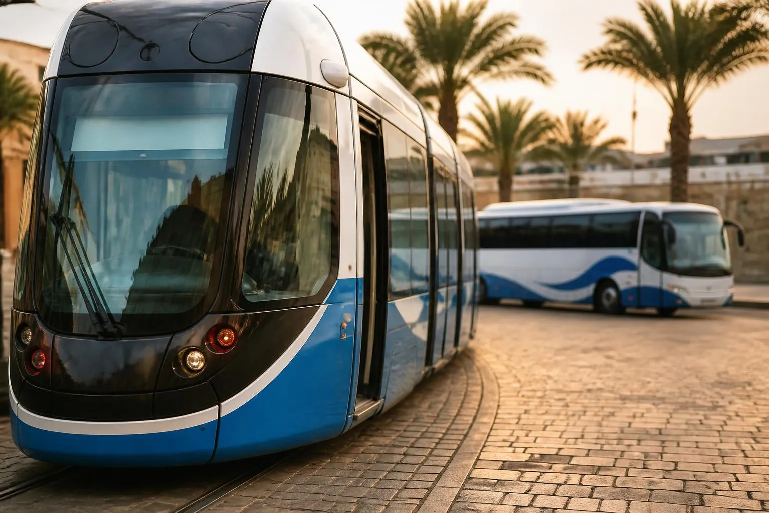 Rame de tramway bleue à l'arrêt sur une place niçoise, un car régional et une voie de TER visibles en arrière-plan