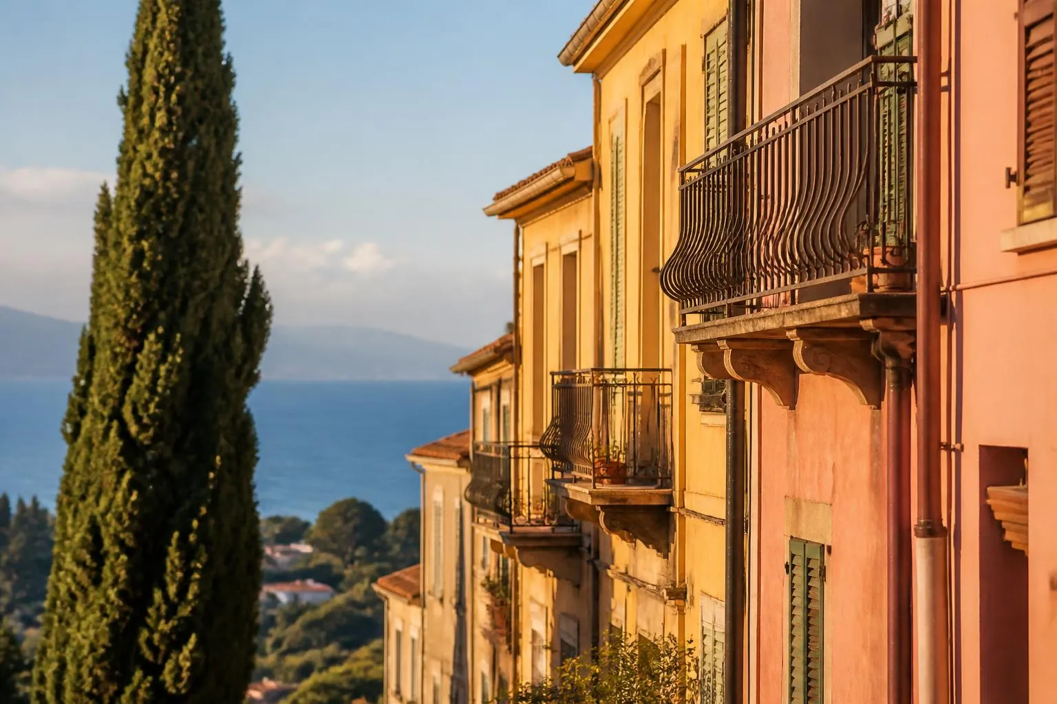 Façades ocre et rose à balcons en fer forgé sur une colline de la Côte d'Azur, la mer en contrebas